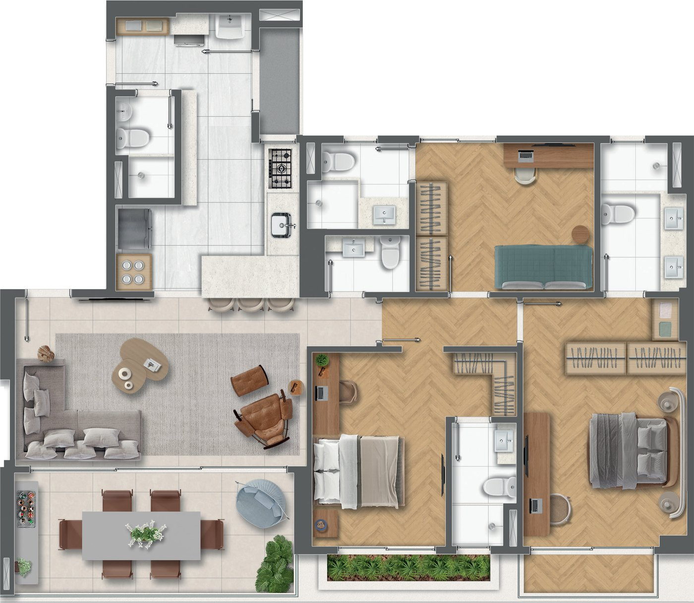 Planta 2: 3 suítes com cozinha aberta