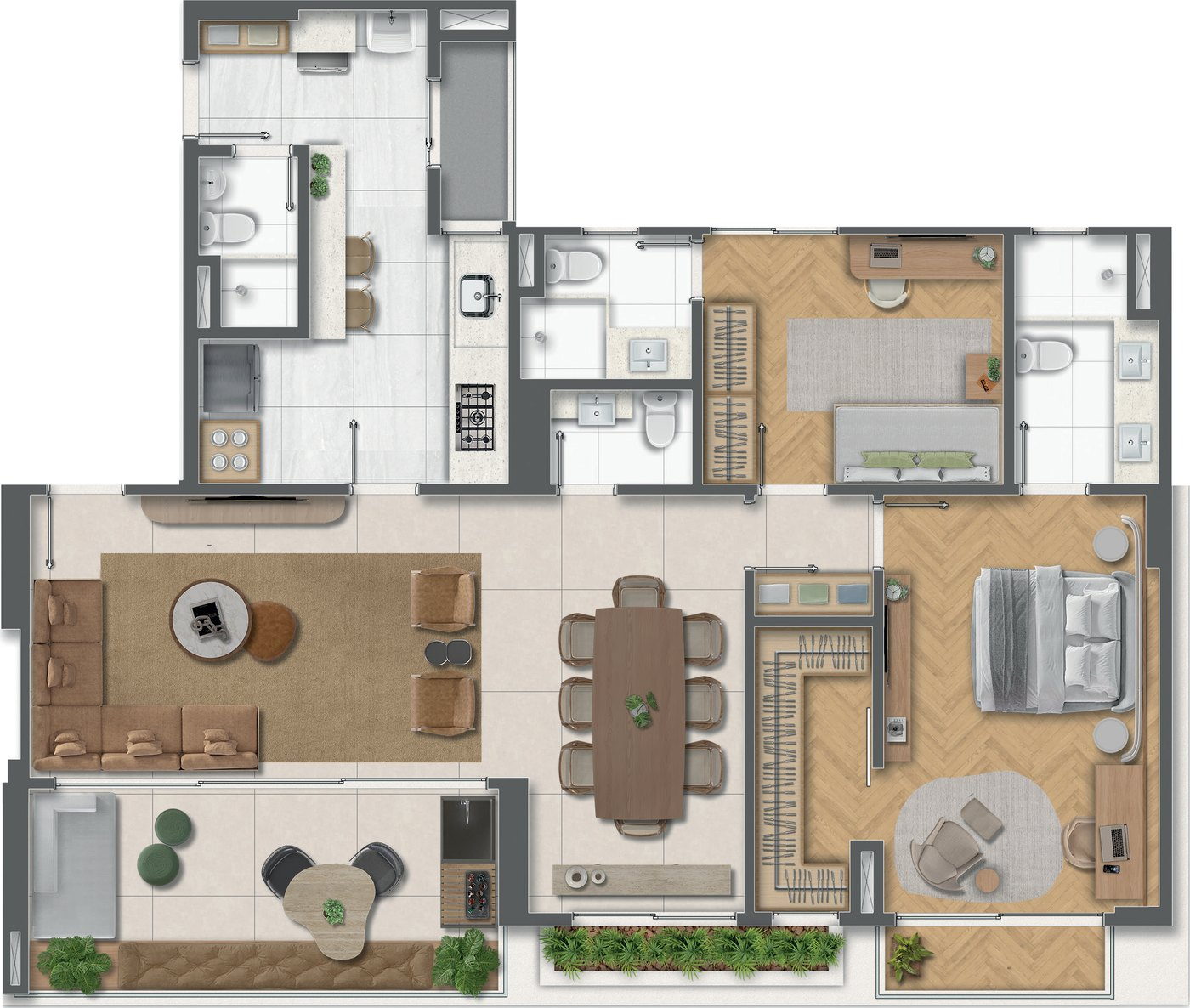 Planta 3: 2 suítes com sala ampliada e cozinha fechada