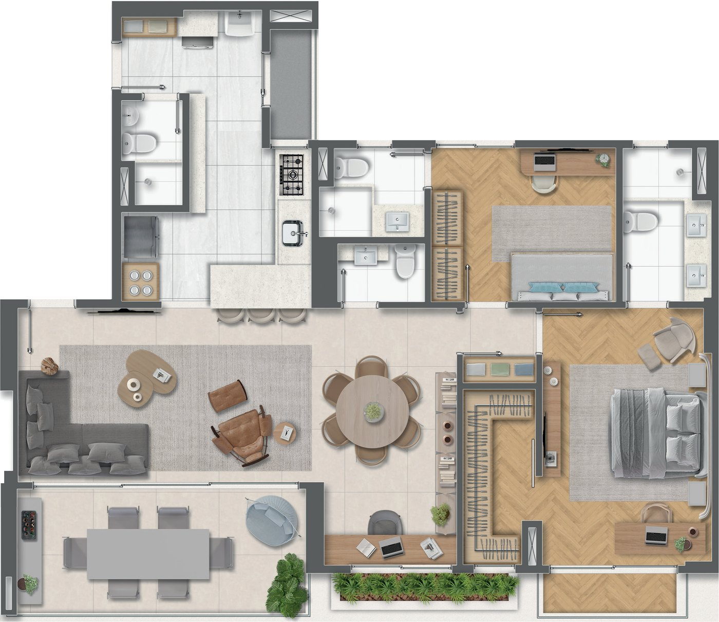 Planta 4: 2 suítes com sala ampliada e cozinha aberta