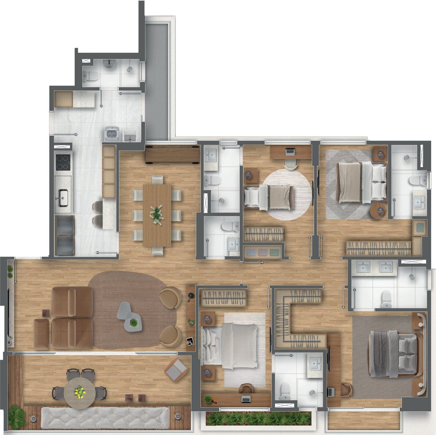 Planta 1: 4 suítes com cozinha fechada e sala de jantar