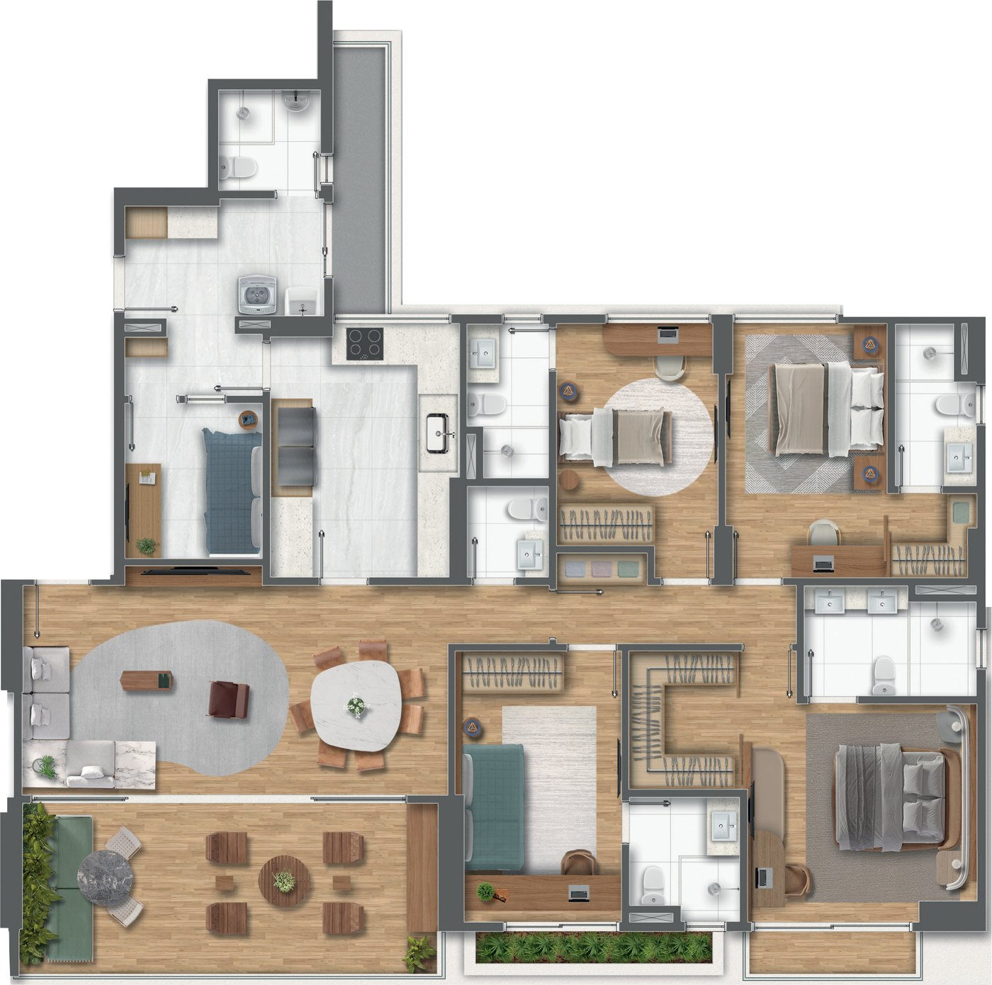 Planta 3: 4 suítes com cozinha fechada e quarto de funcionário
