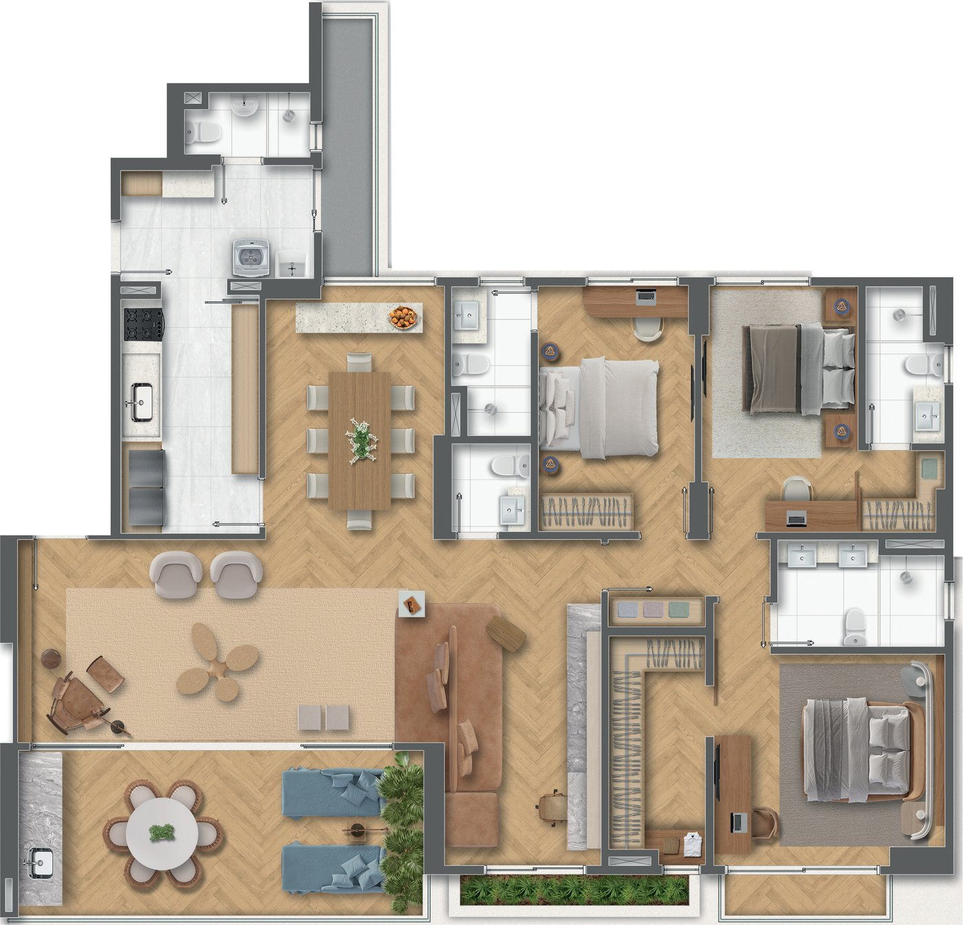 Planta 4: 3 suítes com sala ampliada, cozinha fechada e sala de jantar