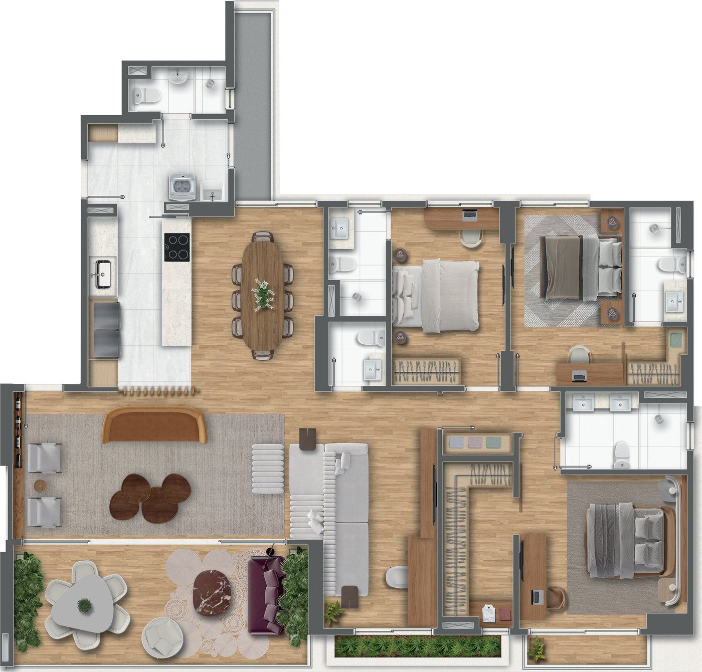 Planta 5: 3 suítes com sala ampliada, cozinha aberta e sala de jantar