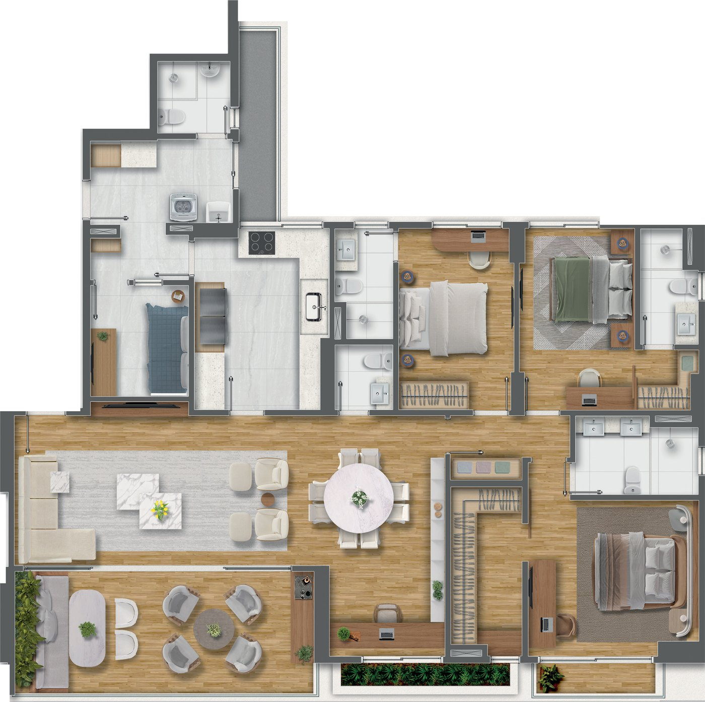 Planta 6: 3 suítes com sala ampliada, cozinha fechada e quarto de funcionário
