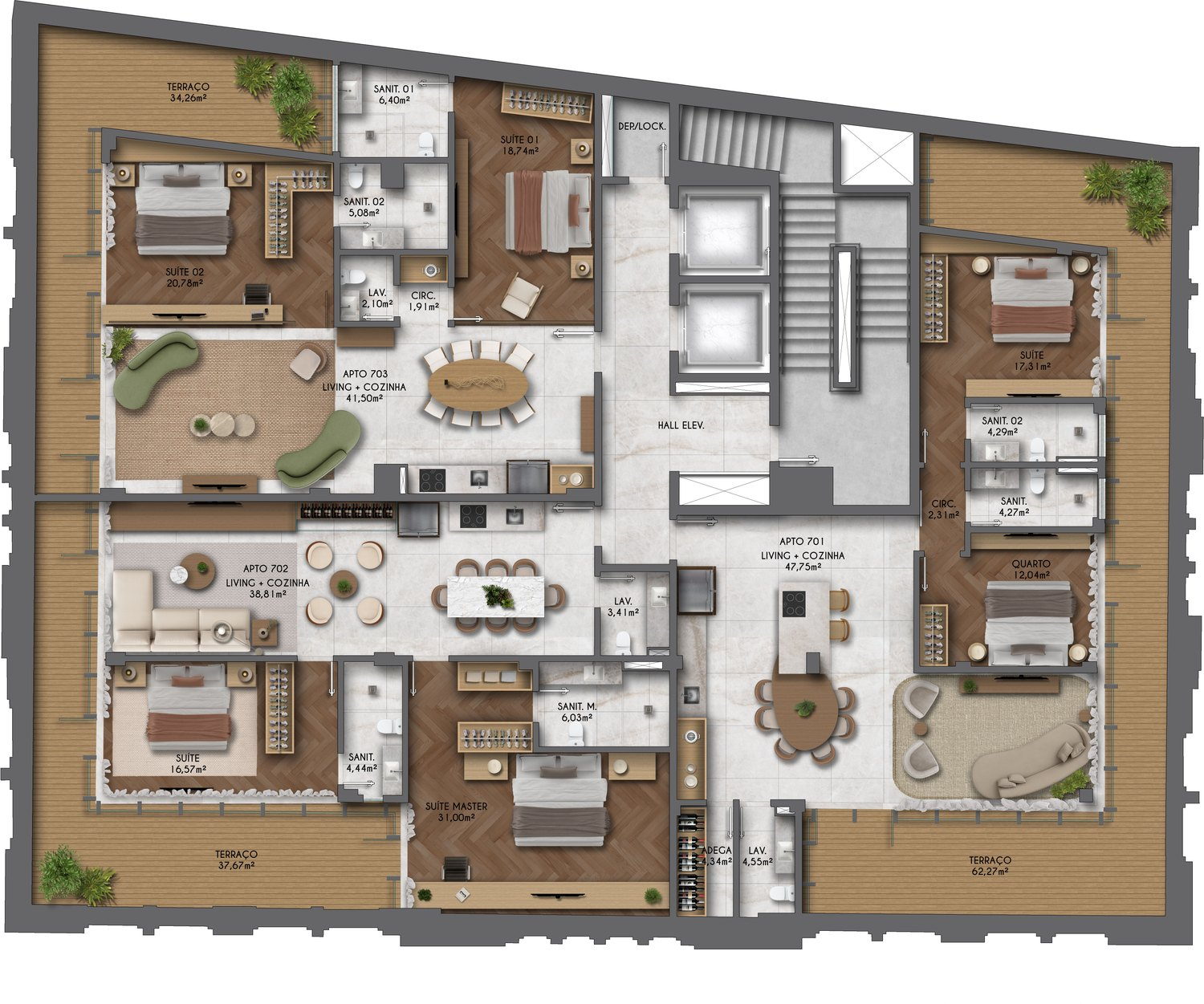 7º andar: as coberturas 701, 702 e 703, com terraços de 34 a 62 m²