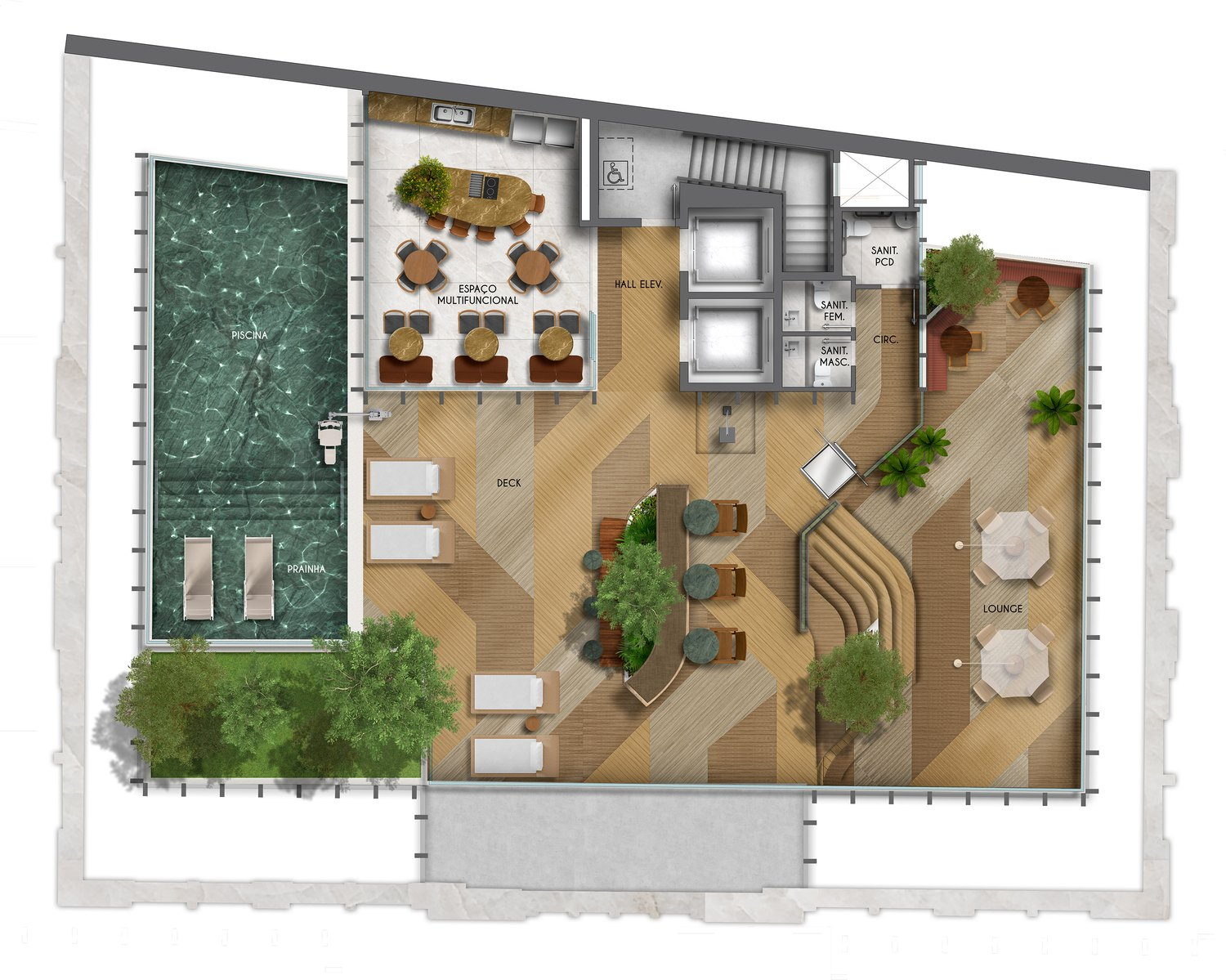 Rooftop, área comum: piscina com prainha, deck, espaço multifuncional e lounge