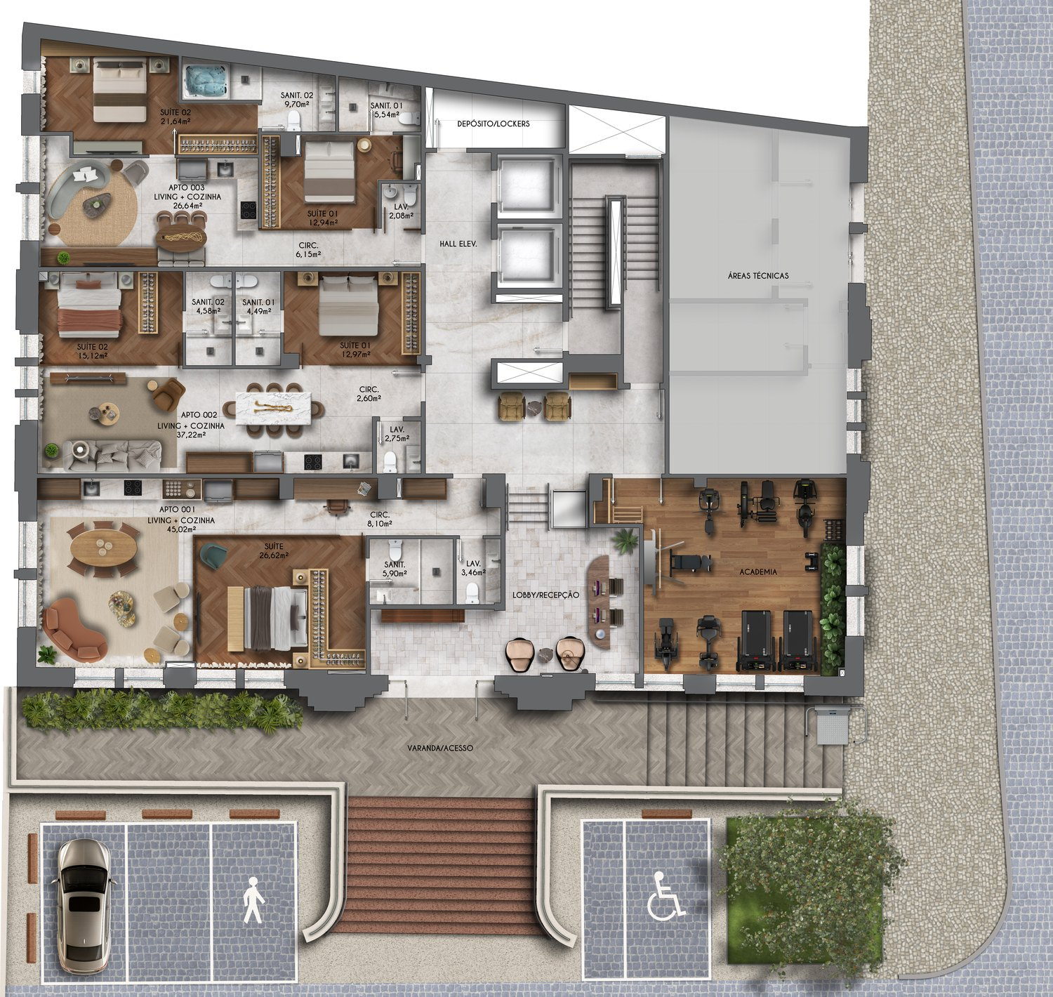 Térreo: lobby, recepção e os apartamentos 001, 002 e 003