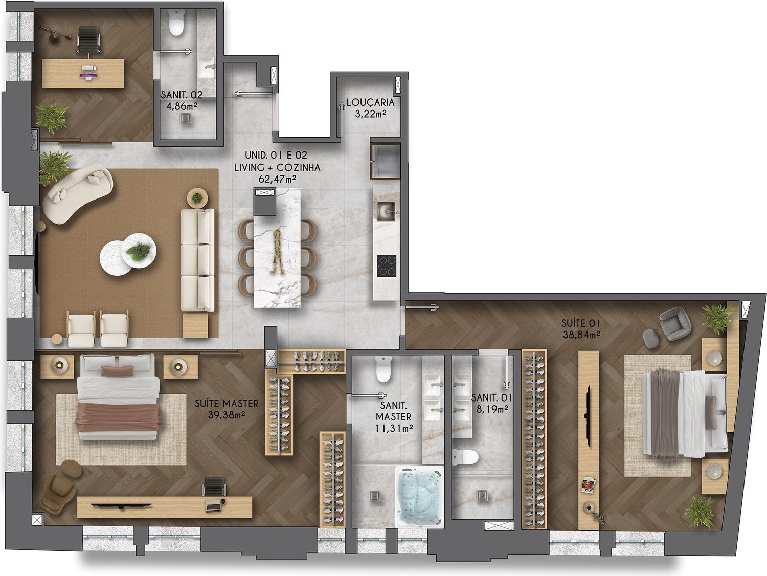 Unidades 01 e 02: living e cozinha 62,47 m², suíte master 39,38 m², suíte 01 38,84 m²