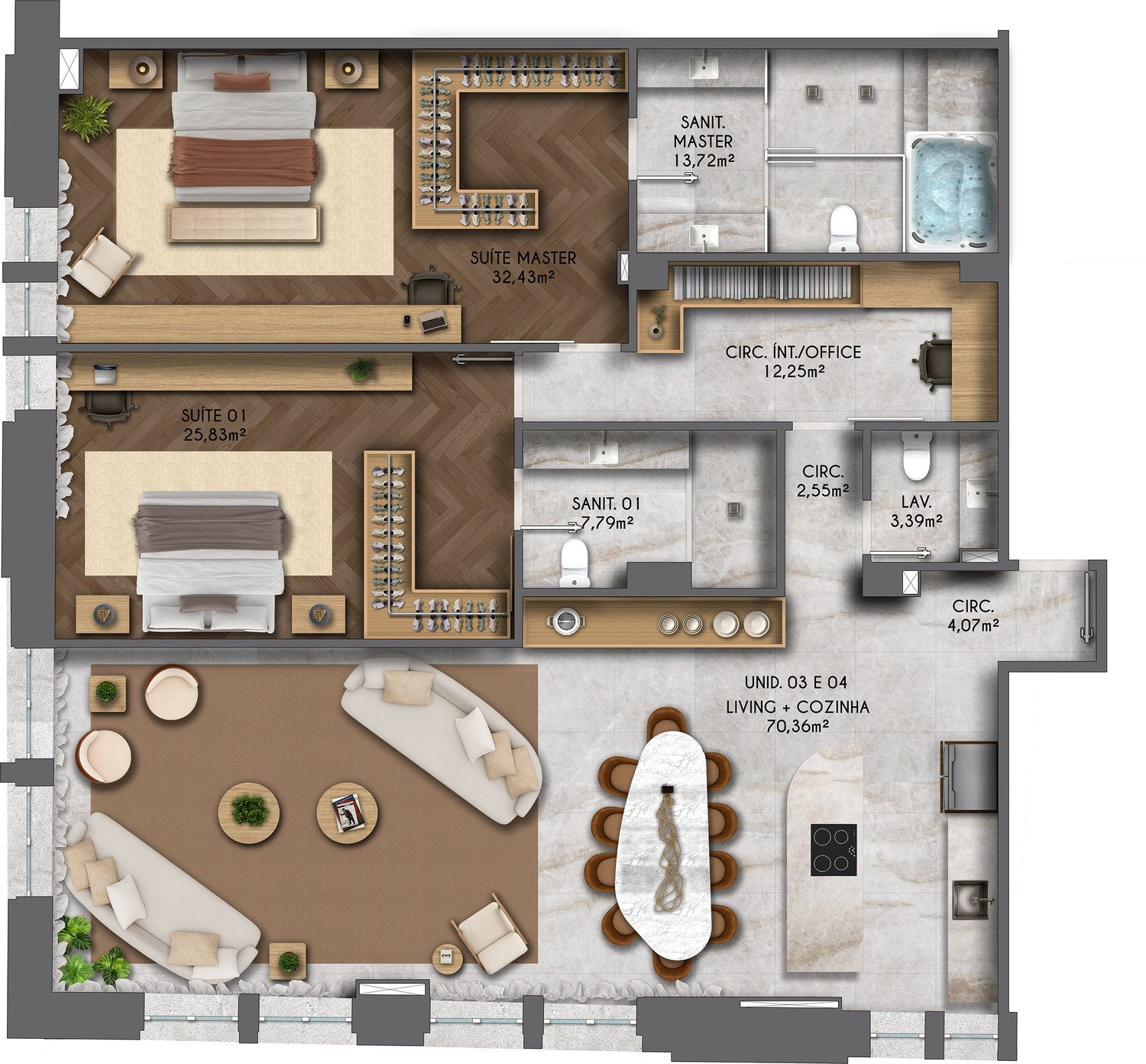 Unidades 03 e 04: living e cozinha 70,36 m², suíte master 32,43 m², suíte 01 25,83 m², office 12,25 m²