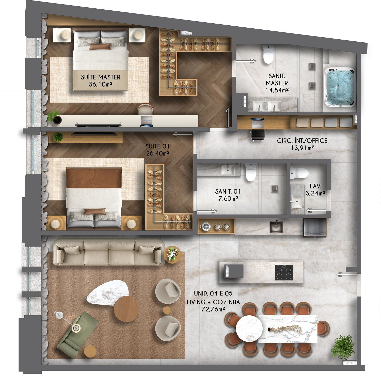 Unidades 04 e 05: living e cozinha 72,76 m², suíte master 36,10 m², suíte 01 26,40 m², office 13,91 m²