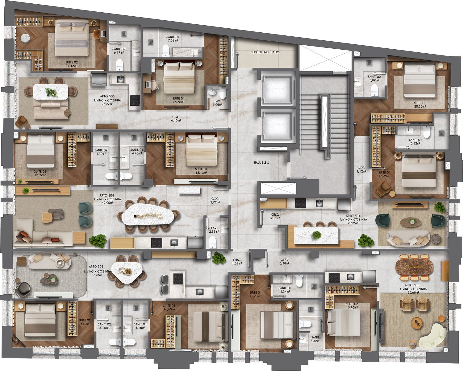 Pavimento tipo: cinco apartamentos por andar