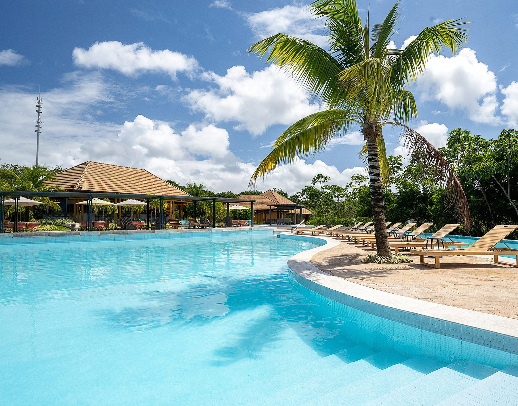 Piscina do clube do Praia Bella, com coqueiros e guarda-sóis
